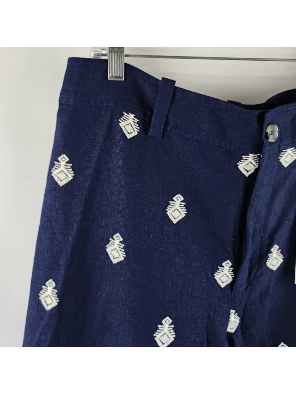 ZARA Pants Womens L Blue Linen Blend Embroidered High Waist Culotte (32x26) NWT